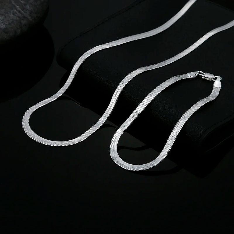 925 Silver 4MM Flat Chain Bracelet Necklace Set for Women