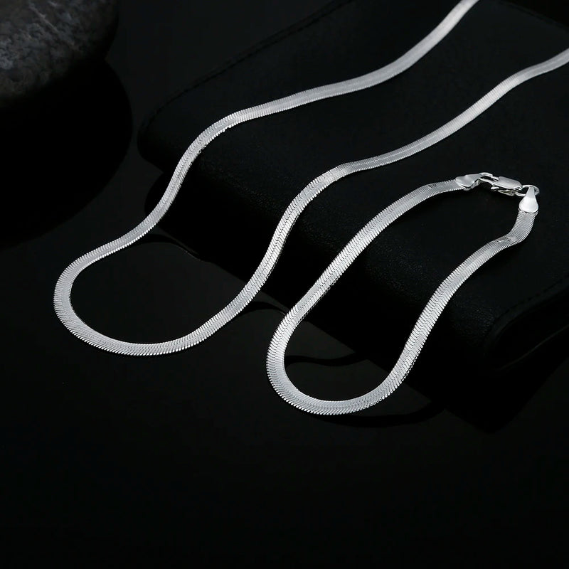 Sterling Silver 4MM Blade Chain Bracelet Necklace Set