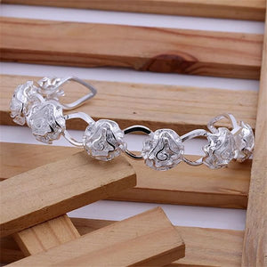 Hot Rose Flower Bangles 925 Sterling Silver Cuff Bracelets