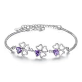 925 Silver Purple Crystal Lucky Clover Bracelet 17CM+4CM
