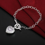 Crystal Heart Pendant 925 Sterling Silver Bracelet for Women