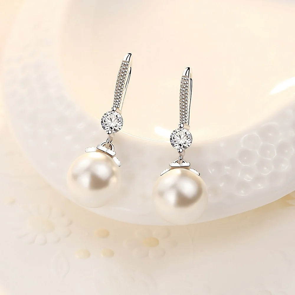 Silver Crystal Pearl Earrings for Women Jewelry Party Wedding Accessory
