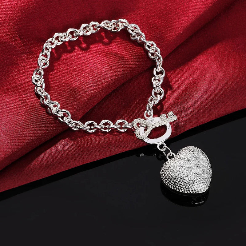 925 Silver Bracelet Crystal Heart Key Women Wedding Jewelry