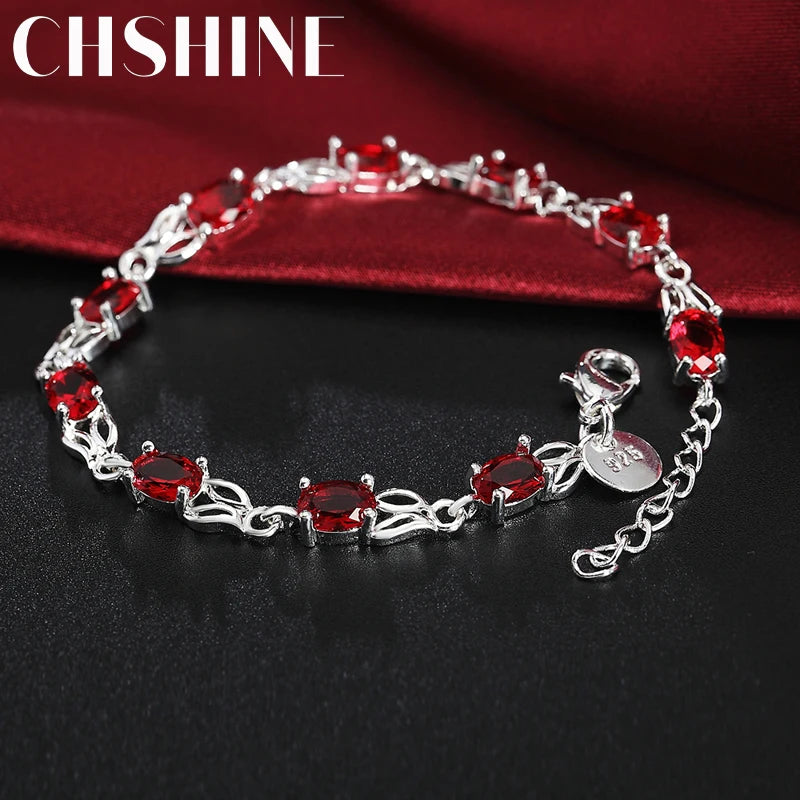 925 Silver Bracelets Wild Red Crystal Chain Lady Wedding Party Christmas