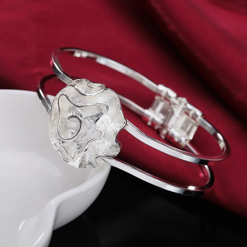 Rose Flower Bangle 925 Sterling Silver Cuff Bracelet Women Wedding Party Jewelry