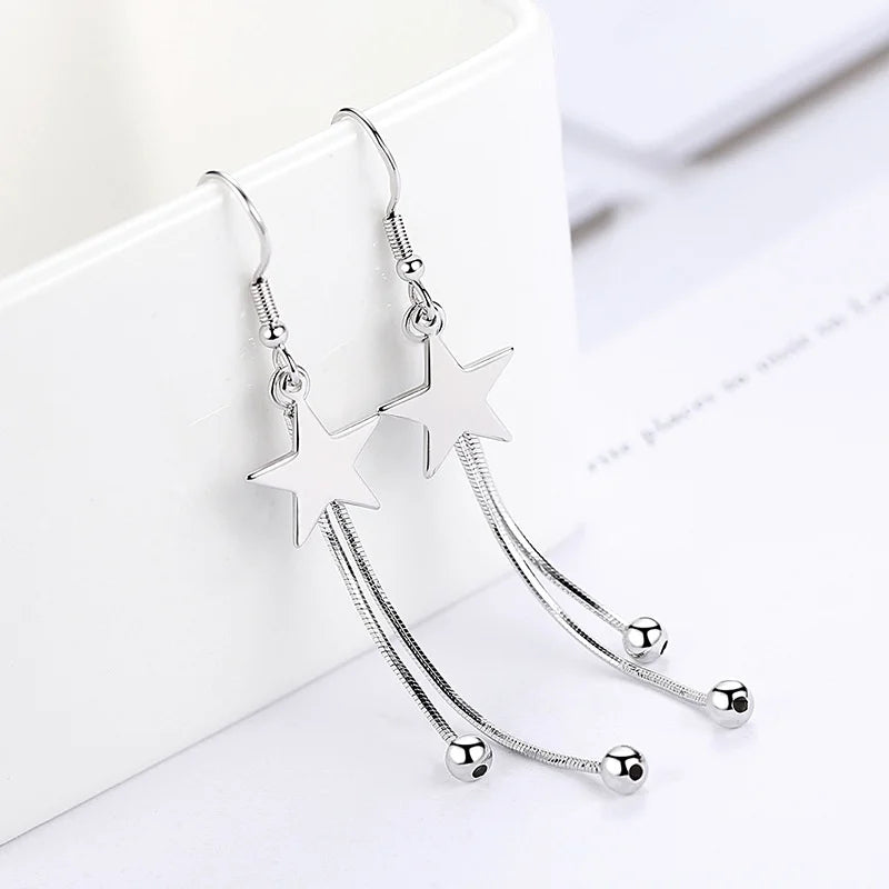 925 Silver Star Tassel Bead Earrings Women Party Wedding Jewelry