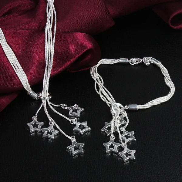 925 Sterling Silver 5 Star Necklace Bracelet Set Wedding Party Jewelry
