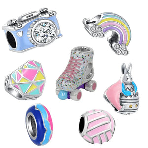 925 Sterling Silver Rainbow Skates Camera Charm Pendant Bracelet DIY Jewelry