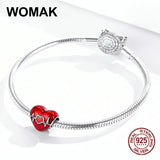 925 Sterling Silver Red Enamel Heart Beads Charm for Bracelet Women