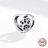 925 Sterling Silver Heart Zircon Cat Charm for Bracelet Bangle Bead