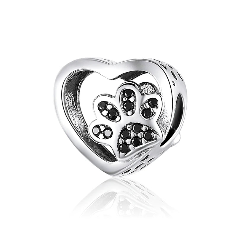 925 Sterling Silver Heart Zircon Cat Charm for Bracelet Bangle Bead