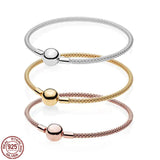 925 Sterling Silver Rose Woven Round Buckle Snake Bone Chain Bracelet