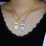 Hip Hop Drip Dollar Lip Necklace Iced Out Bling CZ Cubic Zirconia Pendant