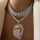 Hip Hop Drip Dollar Lip Necklace Iced Out Bling CZ Cubic Zirconia Pendant