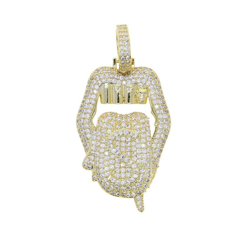 Hip Hop Drip Dollar Lip Necklace Iced Out Bling CZ Cubic Zirconia Pendant