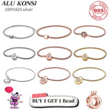 925 Silver Snake Chain Crown Bangle Bracelet Women Charm DIY Jewelry
