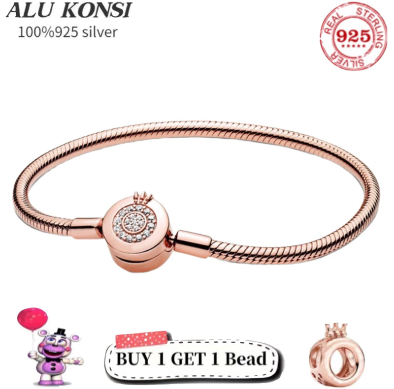 925 Sterling Silver Snake Chain Pan Bracelet Crown Bangle for Women