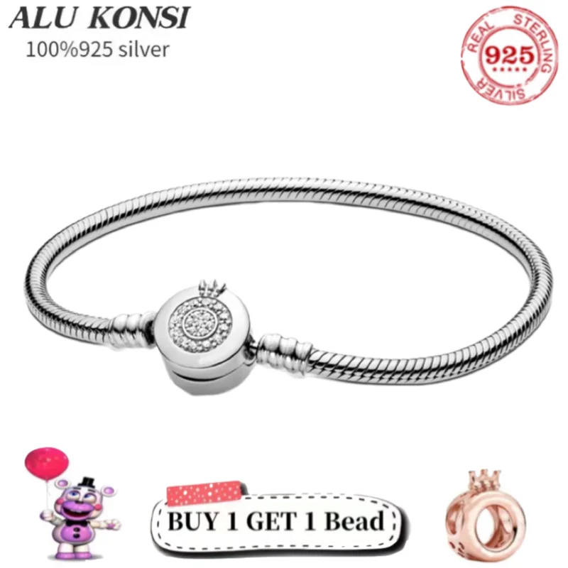 925 Sterling Silver Snake Chain Bracelet Crown Bangle for Women