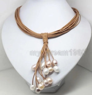 10-11MM Pearl Pendant Necklace Leather Cord Chain Magnet Clasp