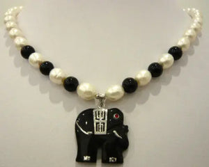 White Pearl & Multi-Colored Stone Necklace with Elephant Pendant