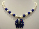 White Pearl & Multi-Colored Stone Necklace with Elephant Pendant