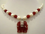 White Pearl & Multi-Colored Stone Necklace with Elephant Pendant
