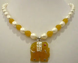 White Pearl & Multi-Colored Stone Necklace with Elephant Pendant