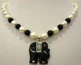 White Pearl & Multi-Colored Stone Necklace with Elephant Pendant