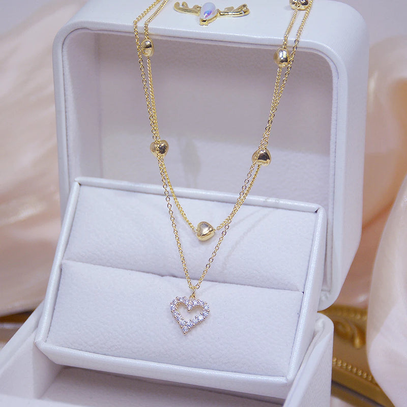 Hot Heart Pendant Zircon Necklace 14K Plating Sexy Female Double Necklace