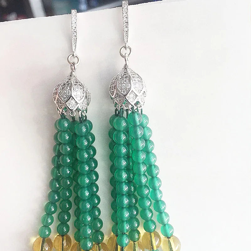 Natural Jade Stone Micro Inlay Zircon Earrings Fine Jewelry