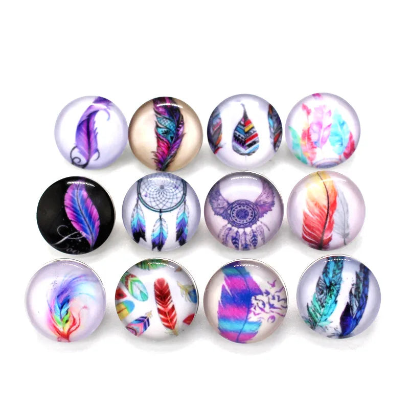 20pcs/lot Feather Snap Buttons Charms 18mm Glass DIY Snap Bracelets&Bangle