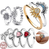925 Silver Sun Moon Heart Ring Crown Charm Jewelry