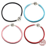 925 Sterling Silver Woven Leather Bracelet with Bucket Clasp