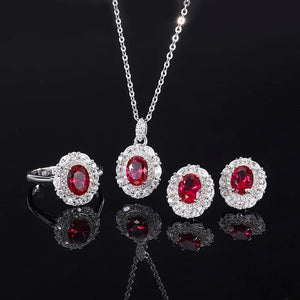 S925 Silver Jewelry Set Red Treasure Ring Earrings Pendant 3-Piece Set