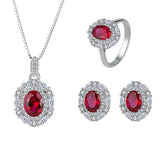 S925 Silver Jewelry Set Red Treasure Ring Earrings Pendant 3-Piece Set
