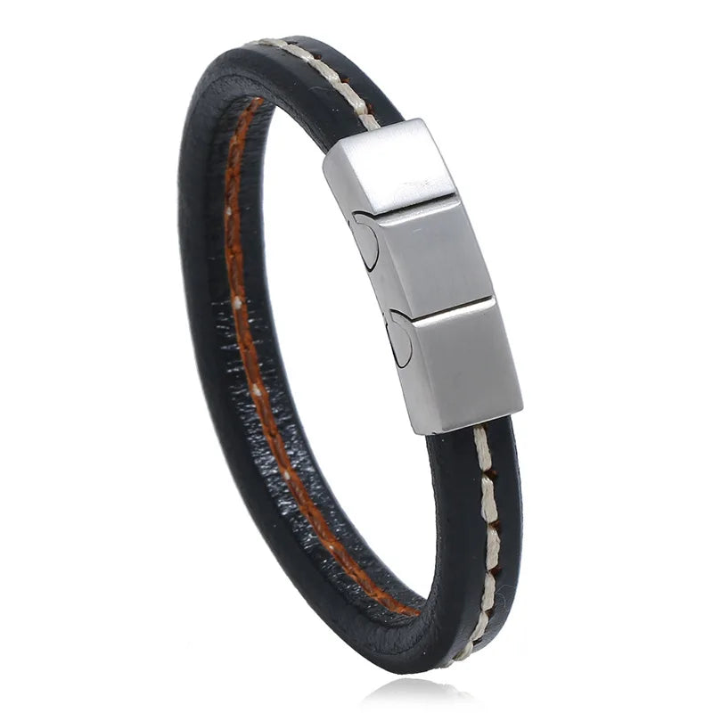 Stainless Steel Leather Bracelet Men's Casual Style