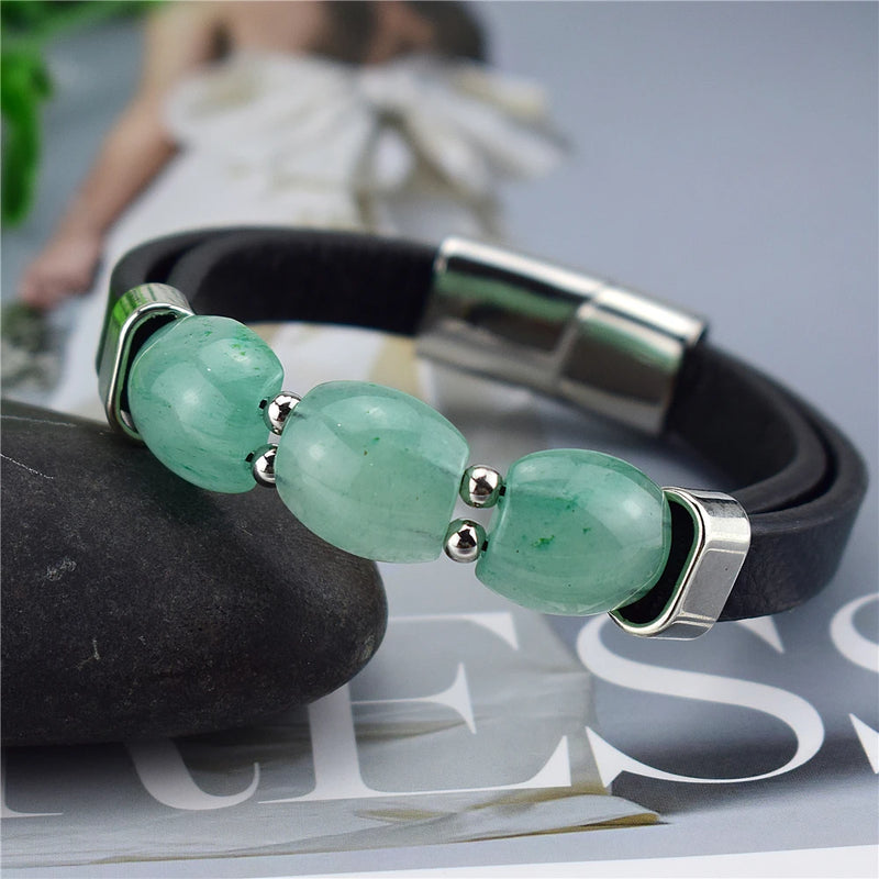 Men's Natural Stone Leather Bracelet Stainless Steel