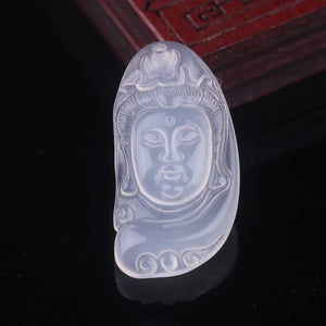 Natural Hand-Carved Jade Chalcedony Guanyin Necklace Pendant Luck