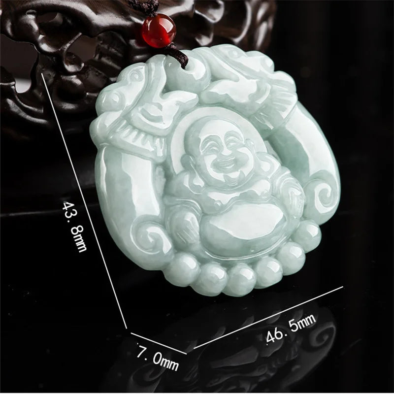 Hand-Carved Emerald Laughing Buddha Necklace Pendant