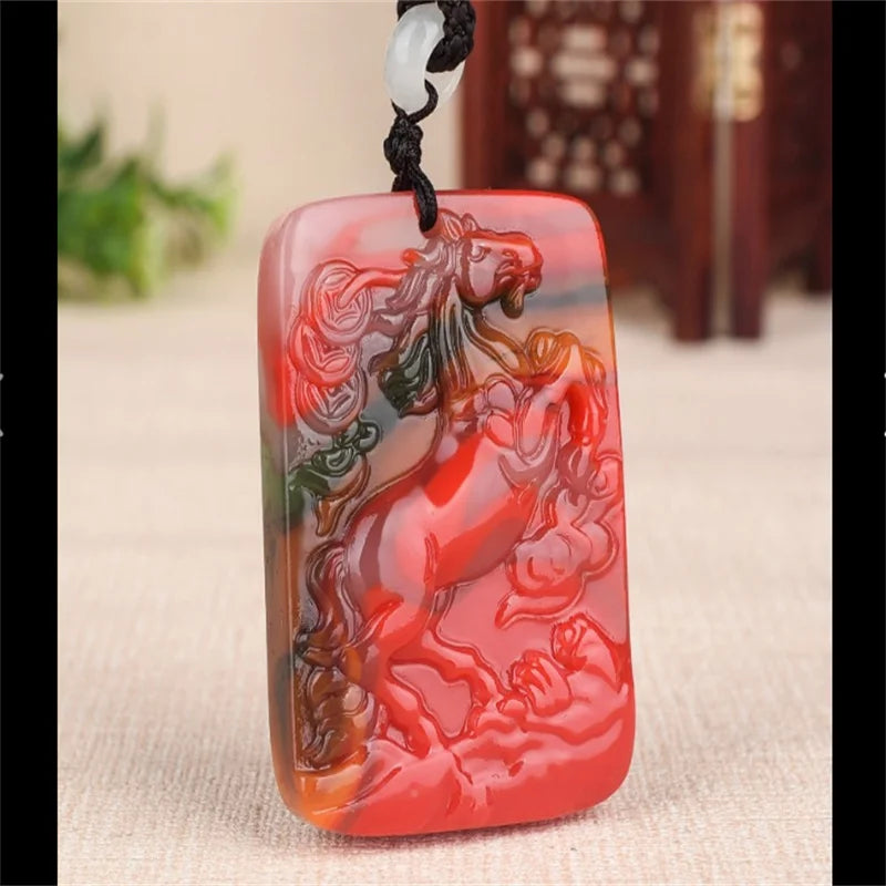 Hand-Carve Hetian Caijade Zodiac Horse Jade Necklace Pendant