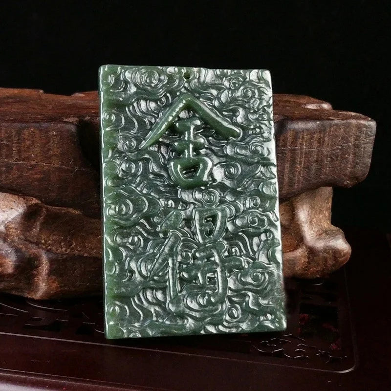 Natural Hetian Cyan Jade Necklace Pendant for Luck