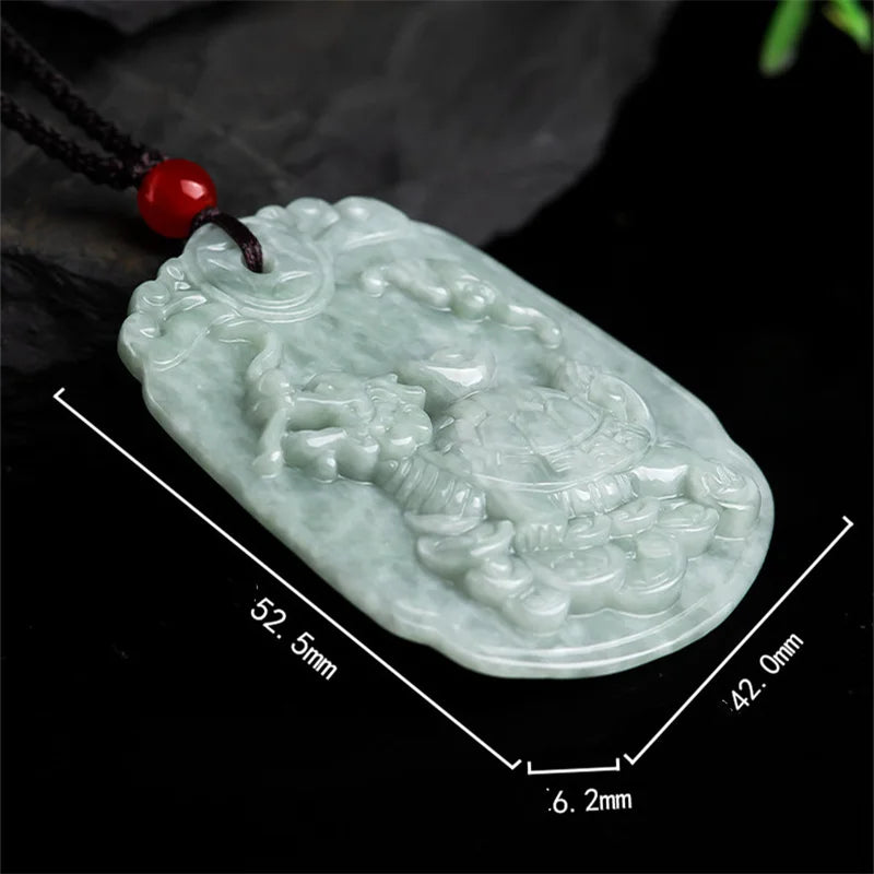 Natural Hand-Carved Ice Seed Emerald Dragon Turtle Necklace Pendant