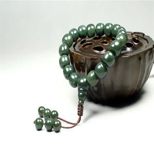 Natural Hand-Carved Jade Hetian Cyan Round Beads Adjustable Bracelet