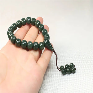 Natural Hand-Carved Jade Hetian Cyan Round Beads Adjustable Bracelet