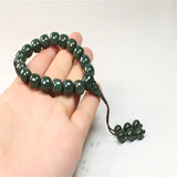 Natural Hand-Carved Jade Hetian Cyan Round Beads Adjustable Bracelet