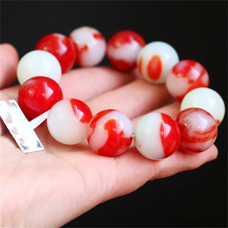 Xinjiang Hotan Chicken Blood Jade Bead Bracelet 18mm