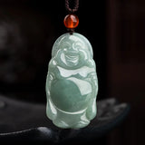 Natural Hand-Carved Jade Laughing Buddha Necklace Pendant