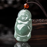 Natural Hand-Carved Jade Laughing Buddha Necklace Pendant