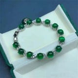 Natural Hand-Carved Green Chalcedony Agate S925 Silver Inlay Bracelet