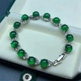 Natural Hand-Carved Green Chalcedony Agate S925 Silver Inlay Bracelet